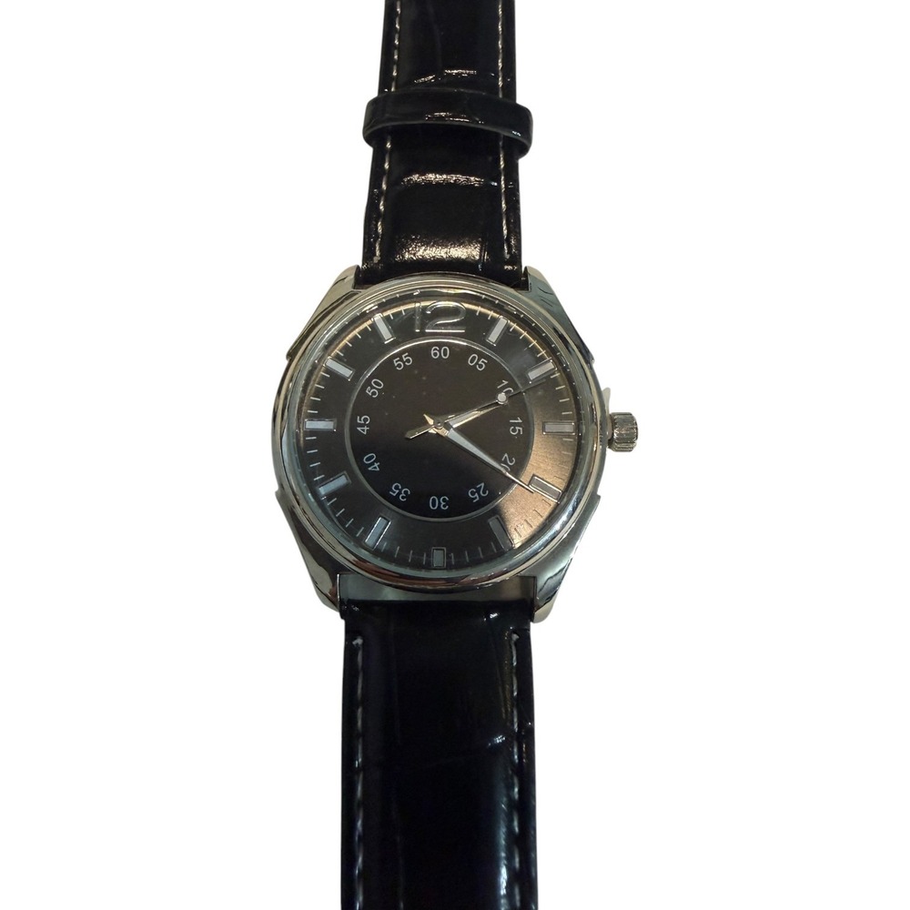 Mens Quartz Dress Watch Black Dial Faux Crocodile Leather Strap Stainless Steel